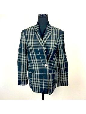 TELA Italy Linen Black White Plaid Blazer Single Button Tailored Jacket S